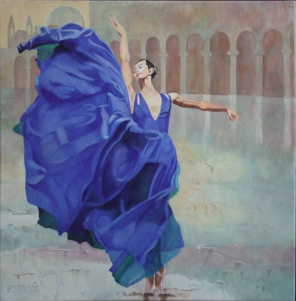 Dansen op het plein, schilderij Pe groot, afmeting 70 x 70 cm (b x h)