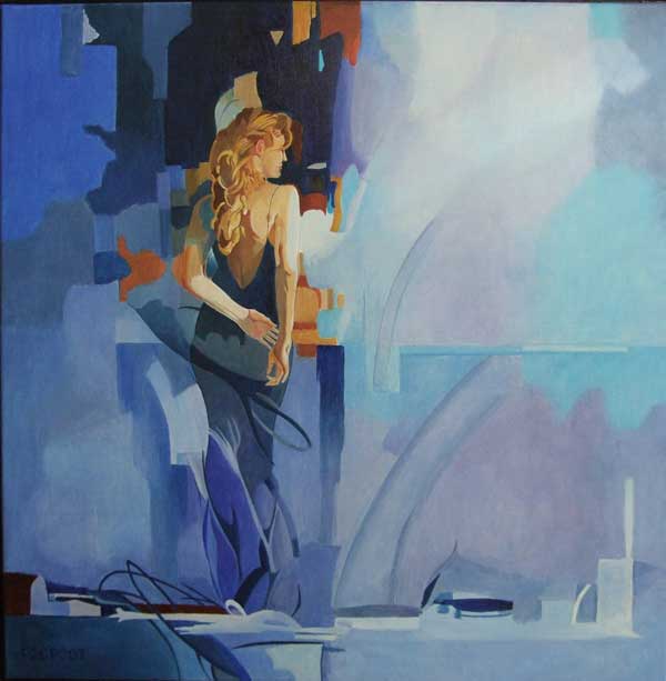 Lady in Blue, schilderij Pe groot, afmeting 80 x 80 cm (b x h)