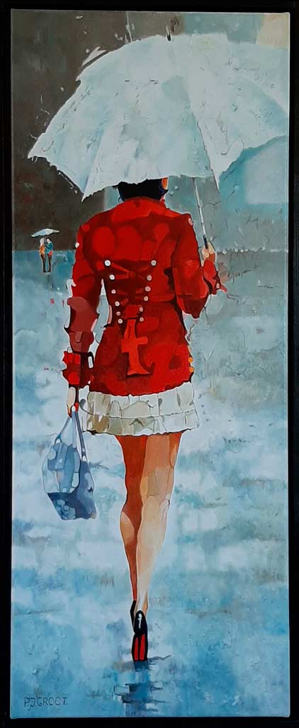 Schilderij Red Coat door Peter Groot uit 2022, 100 x 40 cm.